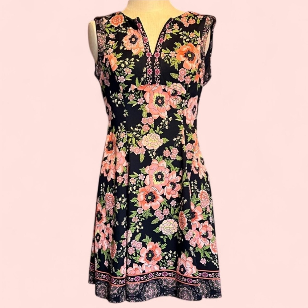 💗Liz Claiborne Navy & Coral Floral Sleeveless Dress